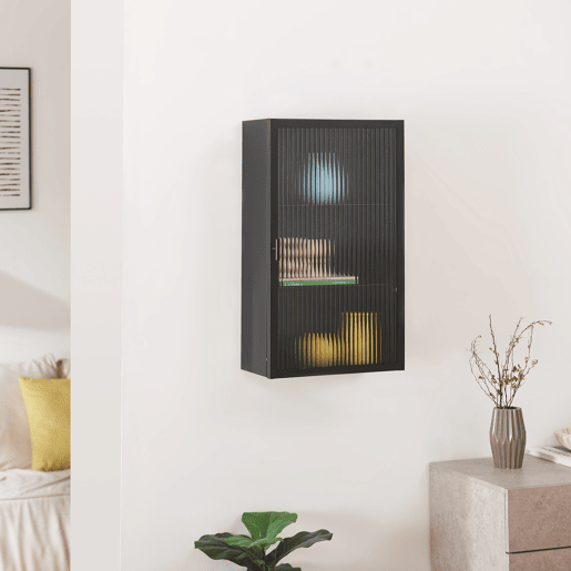 Armário de parede Zundert com porta de vidro canelado aço 60x35x15 cm Preto en.casa