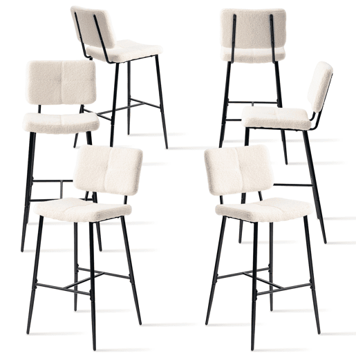 Conjunto De 6 Bancos Altos De Bar Estofados Em Tecido Bouclé Com Pés Metálicos Pretos Com Pintura A Pó E Estrutura KD, Design Moderno E Elegante Ideal Para Bancada De Cozinha, Sala De Jantar Ou Ilha Central, Assento Ergonômico De 75 CM De Altura
