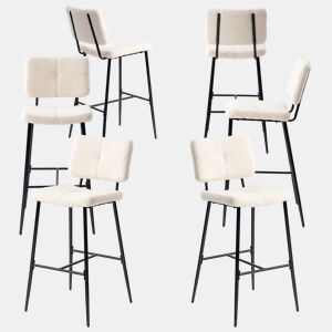 Conjunto De 6 Bancos Altos De Bar Estofados Em Tecido Bouclé Com Pés Metálicos Pretos Com Pintura A Pó E Estrutura KD, Design Moderno E Elegante Ideal Para Bancada De Cozinha, Sala De Jantar Ou Ilha Central, Assento Ergonômico De 75 CM De Altura
