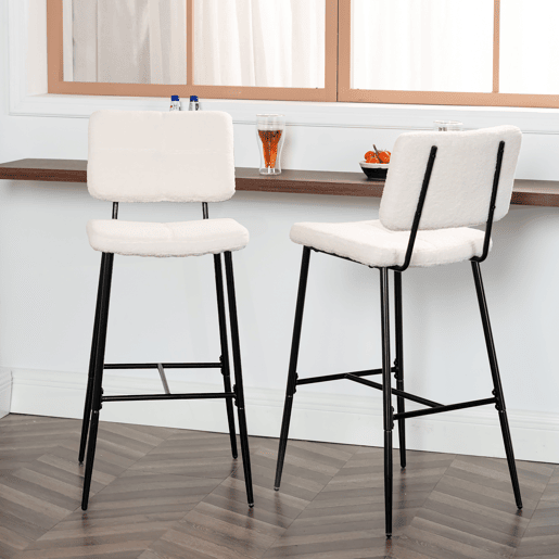 Conjunto De 6 Bancos Altos De Bar Estofados Em Tecido Bouclé Com Pés Metálicos Pretos Com Pintura A Pó E Estrutura KD, Design Moderno E Elegante Ideal Para Bancada De Cozinha, Sala De Jantar Ou Ilha Central, Assento Ergonômico De 75 CM De Altura