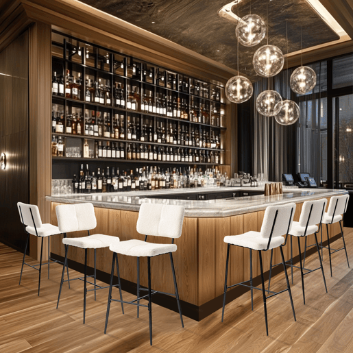 Conjunto De 6 Bancos Altos De Bar Estofados Em Tecido Bouclé Com Pés Metálicos Pretos Com Pintura A Pó E Estrutura KD, Design Moderno E Elegante Ideal Para Bancada De Cozinha, Sala De Jantar Ou Ilha Central, Assento Ergonômico De 75 CM De Altura