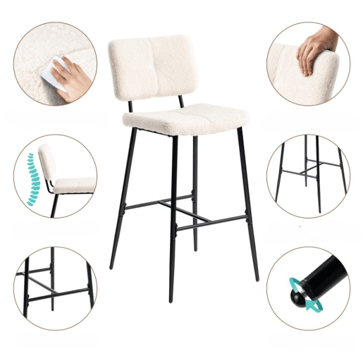 Conjunto De 6 Bancos Altos De Bar Estofados Em Tecido Bouclé Com Pés Metálicos Pretos Com Pintura A Pó E Estrutura KD, Design Moderno E Elegante Ideal Para Bancada De Cozinha, Sala De Jantar Ou Ilha Central, Assento Ergonômico De 75 CM De Altura