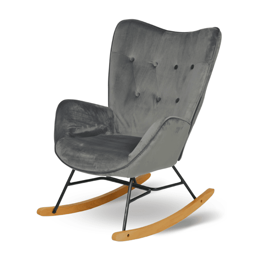 Poltrona De Balanço Moderna Estofada Em Veludo Cinza Escuro Com Estrutura Metálica Preta E Pés Curvos Em Madeira De Faia, Assento Acolchoado Ergonômico E Encosto Alto Ideal Para Sala De Estar Ou Quarto