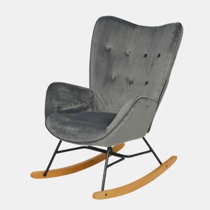 Poltrona De Balanço Moderna Estofada Em Veludo Cinza Escuro Com Estrutura Metálica Preta E Pés Curvos Em Madeira De Faia, Assento Acolchoado Ergonômico E Encosto Alto Ideal Para Sala De Estar Ou Quarto