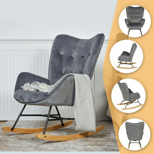 Poltrona De Balanço Moderna Estofada Em Veludo Cinza Escuro Com Estrutura Metálica Preta E Pés Curvos Em Madeira De Faia, Assento Acolchoado Ergonômico E Encosto Alto Ideal Para Sala De Estar Ou Quarto