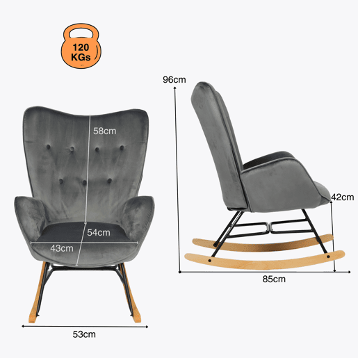 Poltrona De Balanço Moderna Estofada Em Veludo Cinza Escuro Com Estrutura Metálica Preta E Pés Curvos Em Madeira De Faia, Assento Acolchoado Ergonômico E Encosto Alto Ideal Para Sala De Estar Ou Quarto