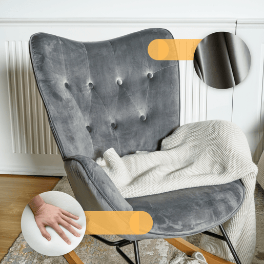 Poltrona De Balanço Moderna Estofada Em Veludo Cinza Escuro Com Estrutura Metálica Preta E Pés Curvos Em Madeira De Faia, Assento Acolchoado Ergonômico E Encosto Alto Ideal Para Sala De Estar Ou Quarto
