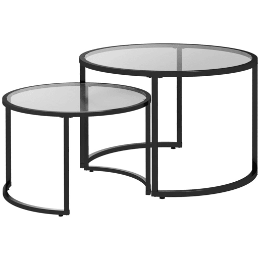 HOMCOM Conjunto de 2 Mesas de Apoio Mesas de Centro Redondas para Sala de Estar Bancada de Vidro Temperado e Estrutura de Aço Grande 70 cm Pequena 54 cm Preto e Transparente