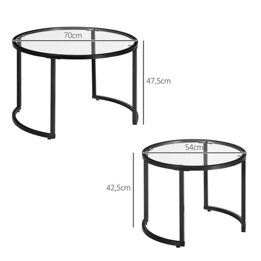HOMCOM Conjunto de 2 Mesas de Apoio Mesas de Centro Redondas para Sala de Estar Bancada de Vidro Temperado e Estrutura de Aço Grande 70 cm Pequena 54 cm Preto e Transparente