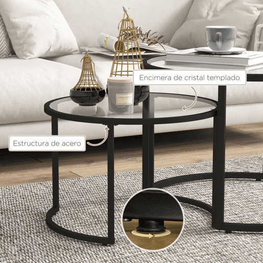 HOMCOM Conjunto de 2 Mesas de Apoio Mesas de Centro Redondas para Sala de Estar Bancada de Vidro Temperado e Estrutura de Aço Grande 70 cm Pequena 54 cm Preto e Transparente