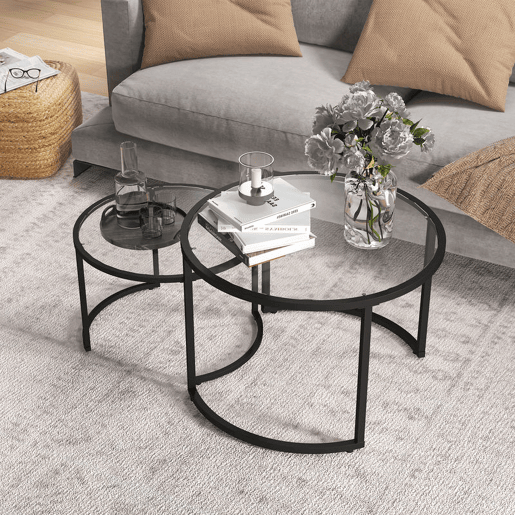 HOMCOM Conjunto de 2 Mesas de Apoio Mesas de Centro Redondas para Sala de Estar Bancada de Vidro Temperado e Estrutura de Aço Grande 70 cm Pequena 54 cm Preto e Transparente