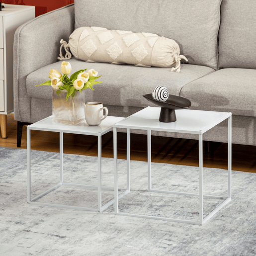 HOMCOM Conjunto de 2 Mesas Mesas de Centro Quadradas para Sala de Estar Estrutura de Aço para Quarto e Escritório Grande 40 cm Pequena 35 cm Branco
