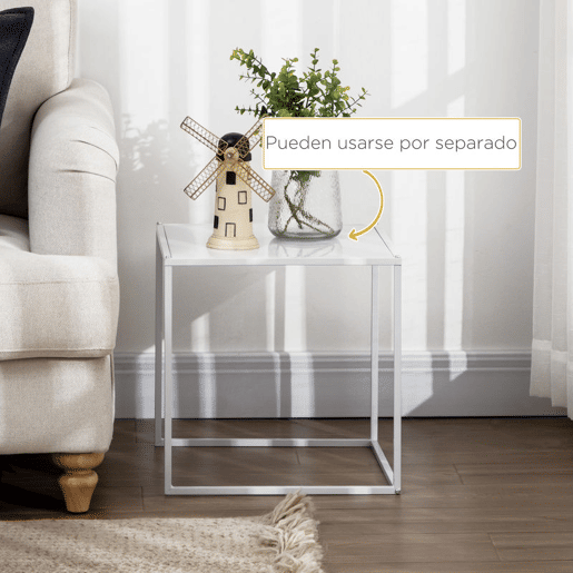 HOMCOM Conjunto de 2 Mesas Mesas de Centro Quadradas para Sala de Estar Estrutura de Aço para Quarto e Escritório Grande 40 cm Pequena 35 cm Branco