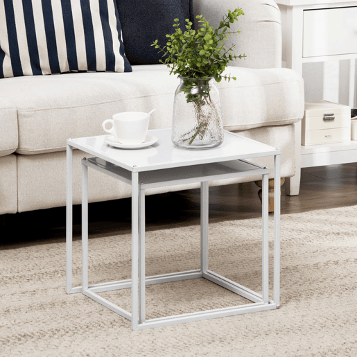 HOMCOM Conjunto de 2 Mesas Mesas de Centro Quadradas para Sala de Estar Estrutura de Aço para Quarto e Escritório Grande 40 cm Pequena 35 cm Branco