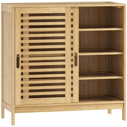 HOMCOM Sapateira de Bambu com 2 Portas de Correr de Ripas Sapateira de Entrada com Prateleiras Ajustáveis para 16 Pares de Sapatos 80x35x80 cm Madeira