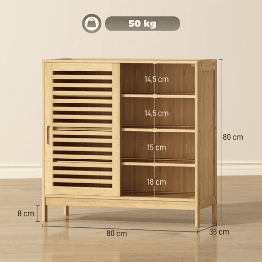HOMCOM Sapateira de Bambu com 2 Portas de Correr de Ripas Sapateira de Entrada com Prateleiras Ajustáveis para 16 Pares de Sapatos 80x35x80 cm Madeira