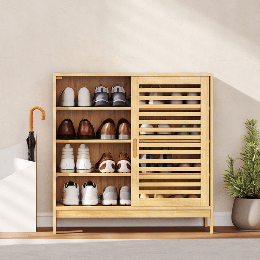 HOMCOM Sapateira de Bambu com 2 Portas de Correr de Ripas Sapateira de Entrada com Prateleiras Ajustáveis para 16 Pares de Sapatos 80x35x80 cm Madeira