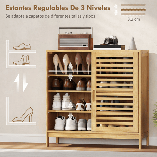 HOMCOM Sapateira de Bambu com 2 Portas de Correr de Ripas Sapateira de Entrada com Prateleiras Ajustáveis para 16 Pares de Sapatos 80x35x80 cm Madeira