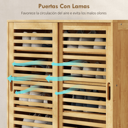 HOMCOM Sapateira de Bambu com 2 Portas de Correr de Ripas Sapateira de Entrada com Prateleiras Ajustáveis para 16 Pares de Sapatos 80x35x80 cm Madeira