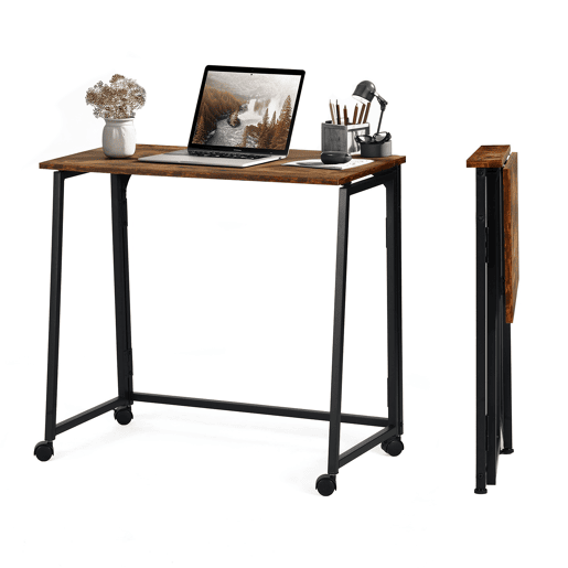 Mesa Dobrável Multifuncional Em Estilo Industrial Com Tampo Efeito Madeira E Estrutura Metálica Preta, Ideal Como Escrivaninha, Mesa Auxiliar Ou De Refeição Para Espaços Pequenos