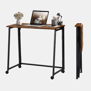 Mesa Dobrável Multifuncional Em Estilo Industrial Com Tampo Efeito Madeira E Estrutura Metálica Preta, Ideal Como Escrivaninha, Mesa Auxiliar Ou De Refeição Para Espaços Pequenos