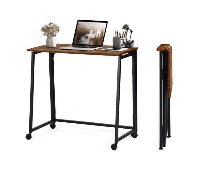 Mesa plegable multifuncional con ruedas en estilo industrial con tablero efecto madera y estructura metálica negra, ideal como escritorio, mesa