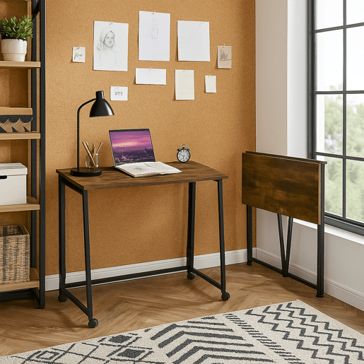 Mesa Dobrável Multifuncional Em Estilo Industrial Com Tampo Efeito Madeira E Estrutura Metálica Preta, Ideal Como Escrivaninha, Mesa Auxiliar Ou De Refeição Para Espaços Pequenos