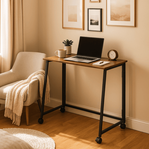 Mesa Dobrável Multifuncional Em Estilo Industrial Com Tampo Efeito Madeira E Estrutura Metálica Preta, Ideal Como Escrivaninha, Mesa Auxiliar Ou De Refeição Para Espaços Pequenos