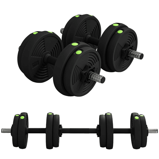 SPORTNOW Kit de Halteres 15 kg 2 em 1 Jogo de Pesos com Barra de Pesos Pega Antiderrapante para Treino de Força em Casa Ginásio Escritório Preto e Verde
