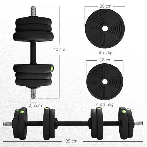 SPORTNOW Kit de Halteres 15 kg 2 em 1 Jogo de Pesos com Barra de Pesos Pega Antiderrapante para Treino de Força em Casa Ginásio Escritório Preto e Verde