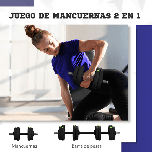 SPORTNOW Kit de Halteres 15 kg 2 em 1 Jogo de Pesos com Barra de Pesos Pega Antiderrapante para Treino de Força em Casa Ginásio Escritório Preto e Verde
