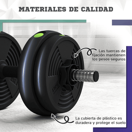 SPORTNOW Kit de Halteres 15 kg 2 em 1 Jogo de Pesos com Barra de Pesos Pega Antiderrapante para Treino de Força em Casa Ginásio Escritório Preto e Verde