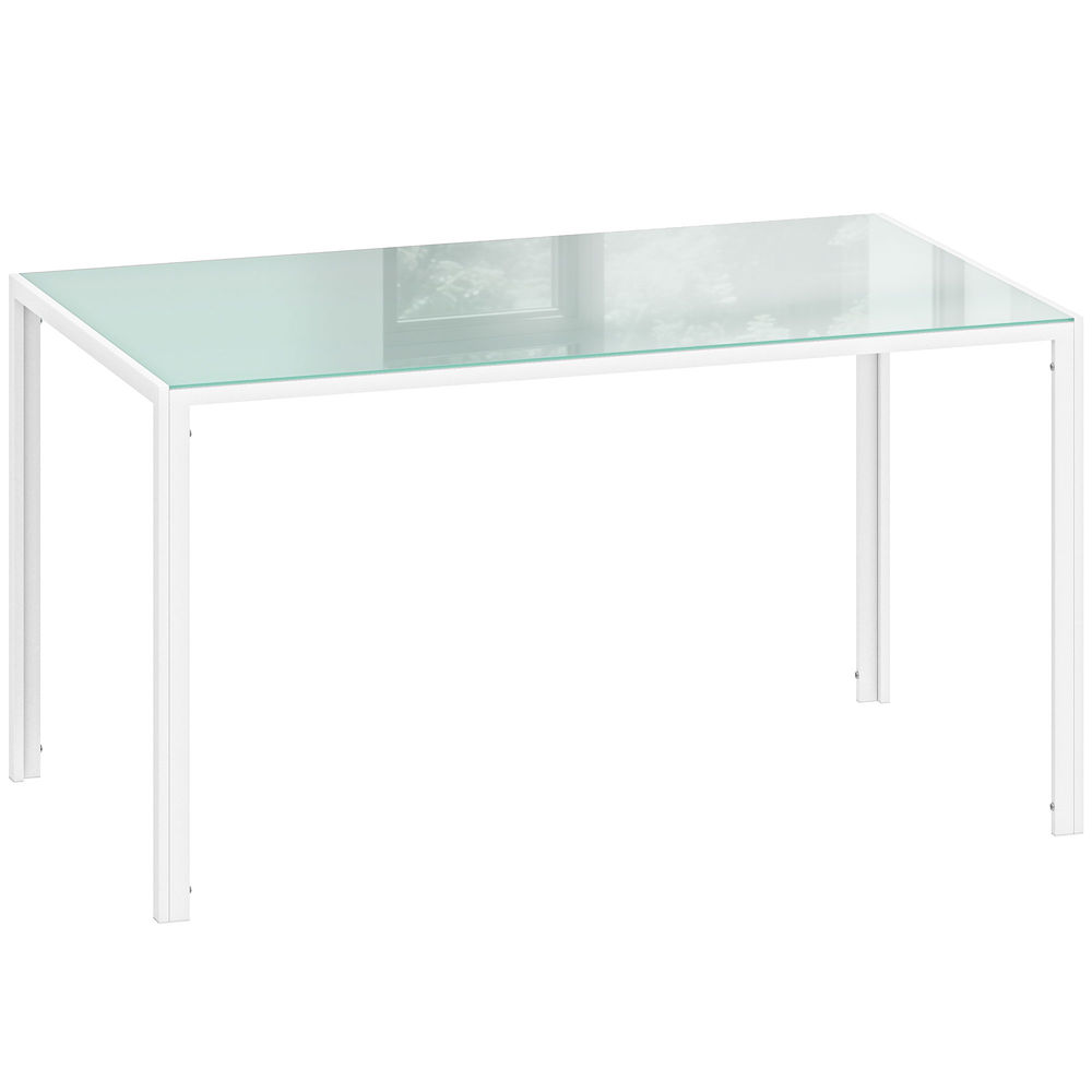 Homcom mesa de comedor de cristal, mesa rectangular para 6 personas con patas de metal, para cocina, salón, 140x80x75 cm, blanco