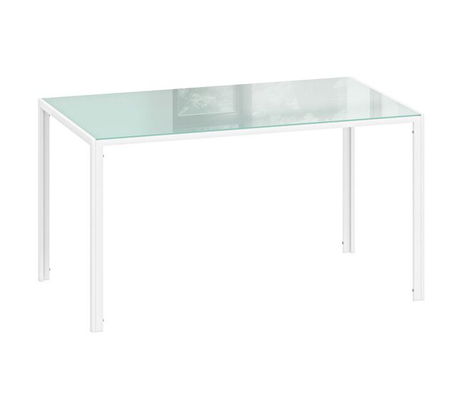 Homcom mesa de comedor de cristal, mesa rectangular para 6 personas con patas de metal, para cocina, salón, 140x80x75 cm, blanco
