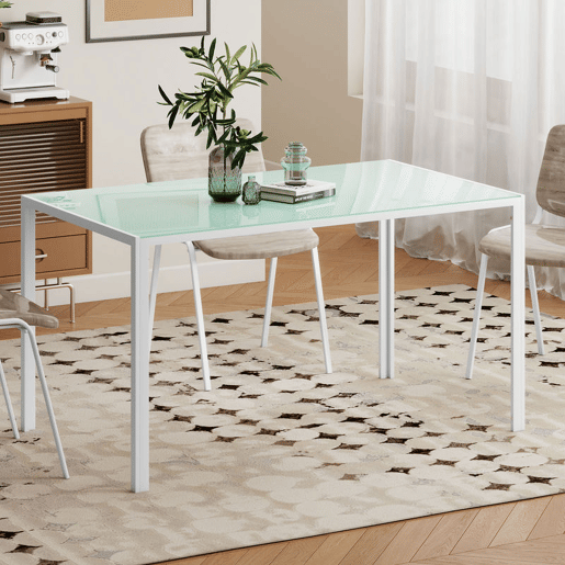 HOMCOM Mesa de Refeição de Vidro Mesa Retangular para 6 Pessoas com Pés de Metal Multifuncional para Cozinha ou Sala 140x80x75 cm Branco
