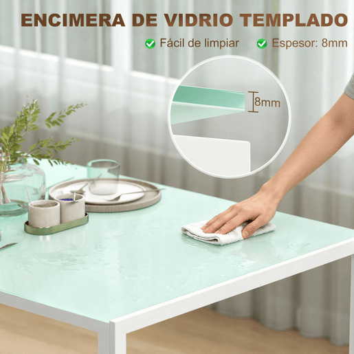 HOMCOM Mesa de Refeição de Vidro Mesa Retangular para 6 Pessoas com Pés de Metal Multifuncional para Cozinha ou Sala 140x80x75 cm Branco