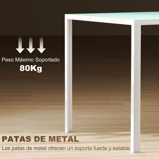 HOMCOM Mesa de Refeição de Vidro Mesa Retangular para 6 Pessoas com Pés de Metal Multifuncional para Cozinha ou Sala 140x80x75 cm Branco