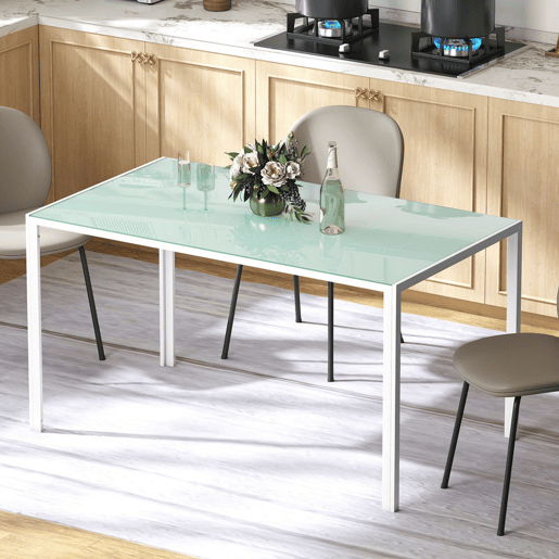 HOMCOM Mesa de Refeição de Vidro Mesa Retangular para 6 Pessoas com Pés de Metal Multifuncional para Cozinha ou Sala 140x80x75 cm Branco