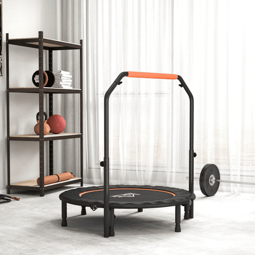 HOMCOM Trampolim Fitness Ø114 Trampolim Dobrável com Pega Ajustável em 4 Níveis Estrutura de Aço para Treino de Pernas Corpo em Casa Escritório Ginásio Preto e Laranja HOMCOM Trampolim Fitness Ø114 Trampolim Dobrável com Pega Ajustável em 4 Níveis Estrutura de Aço para Treino de Pernas Corpo em Casa Escritório Ginásio Preto e Laranja