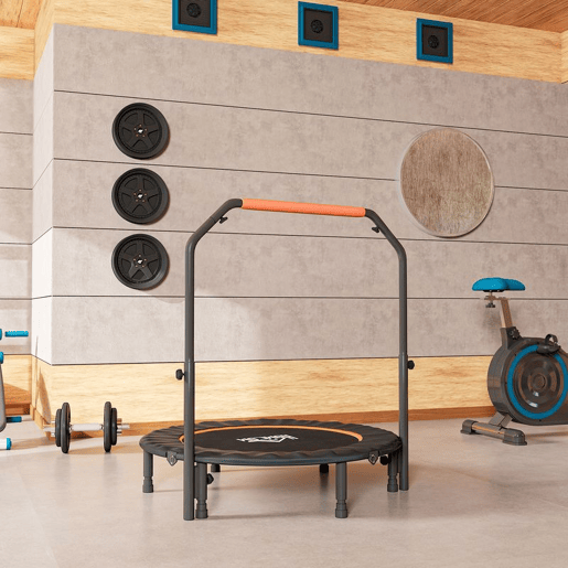 HOMCOM Trampolim Fitness Ø114 Trampolim Dobrável com Pega Ajustável em 4 Níveis Estrutura de Aço para Treino de Pernas Corpo em Casa Escritório Ginásio Preto e Laranja HOMCOM Trampolim Fitness Ø114 Trampolim Dobrável com Pega Ajustável em 4 Níveis Estrutura de Aço para Treino de Pernas Corpo em Casa Escritório Ginásio Preto e Laranja