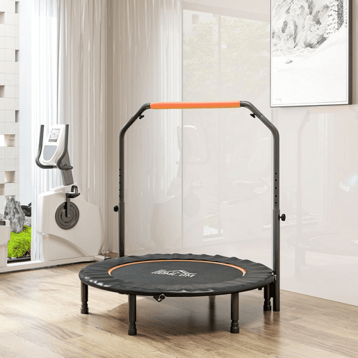 HOMCOM Trampolim Fitness Ø114 Trampolim Dobrável com Pega Ajustável em 4 Níveis Estrutura de Aço para Treino de Pernas Corpo em Casa Escritório Ginásio Preto e Laranja HOMCOM Trampolim Fitness Ø114 Trampolim Dobrável com Pega Ajustável em 4 Níveis Estrutura de Aço para Treino de Pernas Corpo em Casa Escritório Ginásio Preto e Laranja