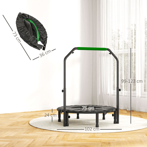 HOMCOM Trampolim Fitness Ø102 Trampolim Dobrável com Pega Ajustável em 4 Níveis Estrutura de Aço para Treino de Pernas Corpo em Casa Escritório Ginásio Verde