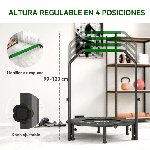 HOMCOM Trampolim Fitness Ø102 Trampolim Dobrável com Pega Ajustável em 4 Níveis Estrutura de Aço para Treino de Pernas Corpo em Casa Escritório Ginásio Verde