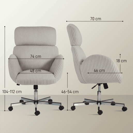 HOMCOM Cadeira de Escritório Cadeira de Secretária com Apoio de Braços Encosto Alto Apoio de Cabeça Regulável Rodas Altura Ajustável Giratória Função Basculante 74x70x104-112 cm Cinzento