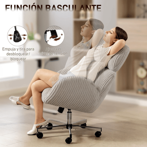 HOMCOM Cadeira de Escritório Cadeira de Secretária com Apoio de Braços Encosto Alto Apoio de Cabeça Regulável Rodas Altura Ajustável Giratória Função Basculante 74x70x104-112 cm Cinzento