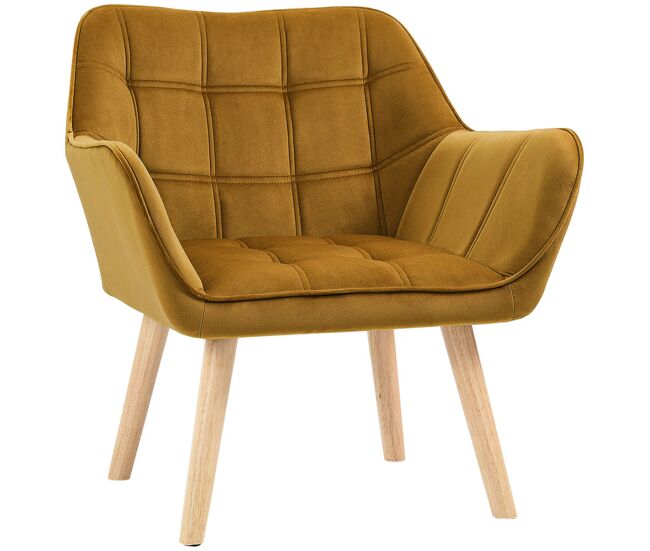 Homcom butaca de salón moderna, sillón lectura tapizado en terciopelo con patas de madera, fácil montaje, sillón relax para sala de estar, dormitorio y balcón, amarillo mostaza