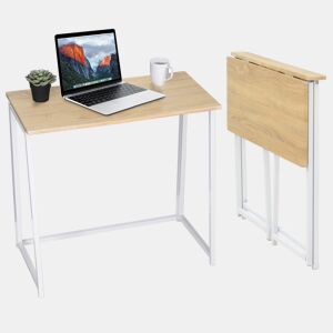 Mesa Dobrável De Metal Com Tampo Em Madeira Cor Carvalho Claro Estilo Moderno Ideal Para Escritório Ou Espaços Pequenos, Mesa De Computador Funcional E Compacta