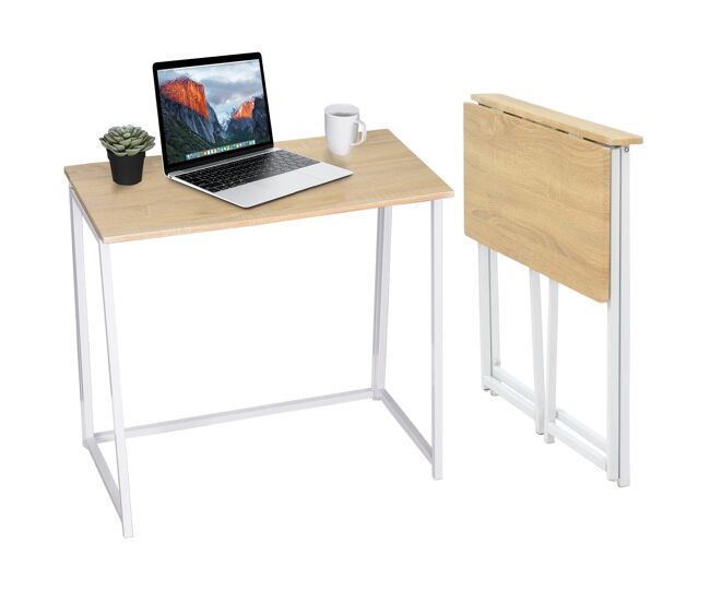 Escritorio plegable de metal con encimera de madera roble claro estilo moderno ideal para oficina o espacio pequeño, mesa de ordenador plegable