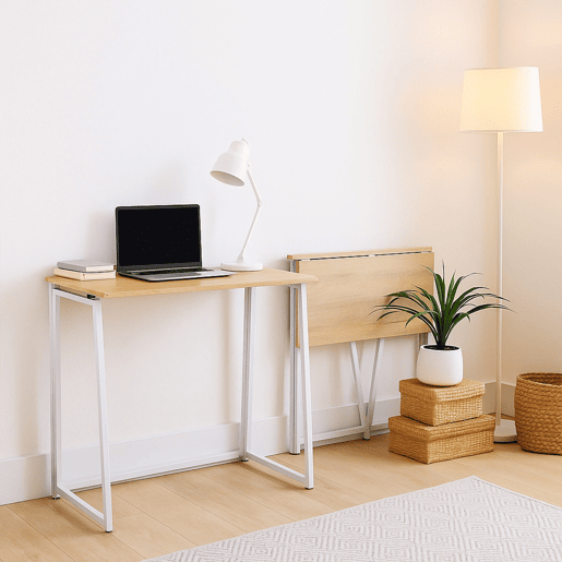 Mesa Dobrável De Metal Com Tampo Em Madeira Cor Carvalho Claro Estilo Moderno Ideal Para Escritório Ou Espaços Pequenos, Mesa De Computador Funcional E Compacta