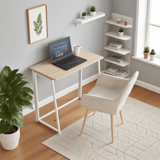 Mesa Dobrável De Metal Com Tampo Em Madeira Cor Carvalho Claro Estilo Moderno Ideal Para Escritório Ou Espaços Pequenos, Mesa De Computador Funcional E Compacta